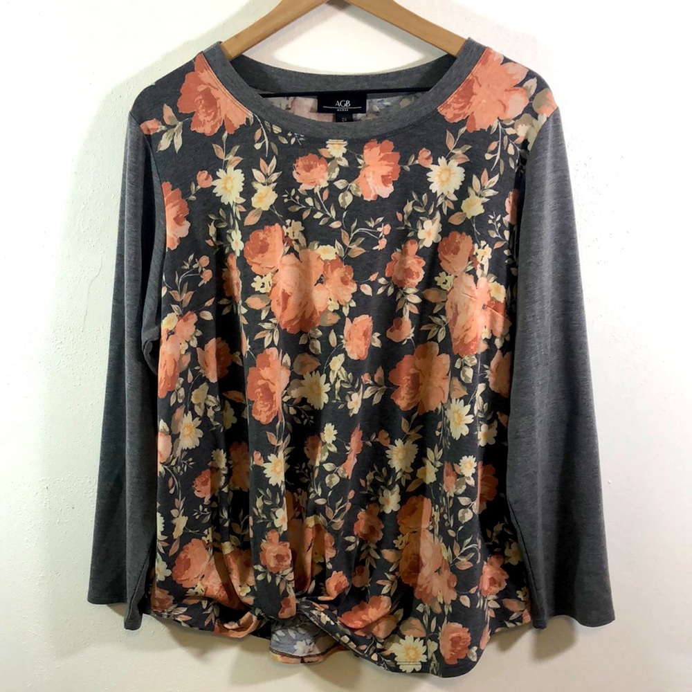 AGB Top Floral Long Sleeve Soft Knit Shirt 2X